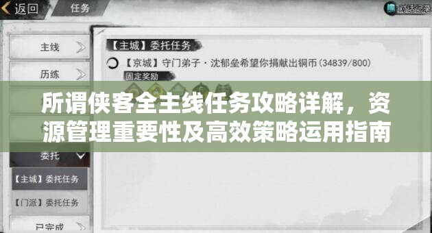 所谓侠客全主线任务攻略详解，资源管理重要性及高效策略运用指南