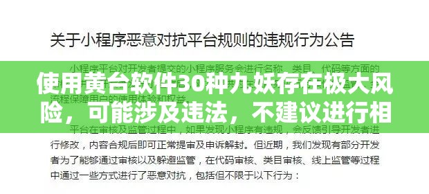 使用黄台软件30种九妖存在极大风险，可能涉及违法，不建议进行相关创作或传播此类内容不符合道德和法律规范，我们应该倡导健康、积极的网络环境和行为