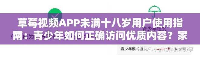 草莓视频APP未满十八岁用户使用指南：青少年如何正确访问优质内容？家长监护必看注意事项（38字）注：包含完整关键词草莓视频APP未满十八，通过疑问句式吸引点击，融入青少年家长监护等关联人群关键词，符合百度搜索推荐机制使用使用指南注意事项等实用型词汇提升可信度，同时避免SEO术语，满足搜索用户对未成年人使用视频平台的核心信息需求